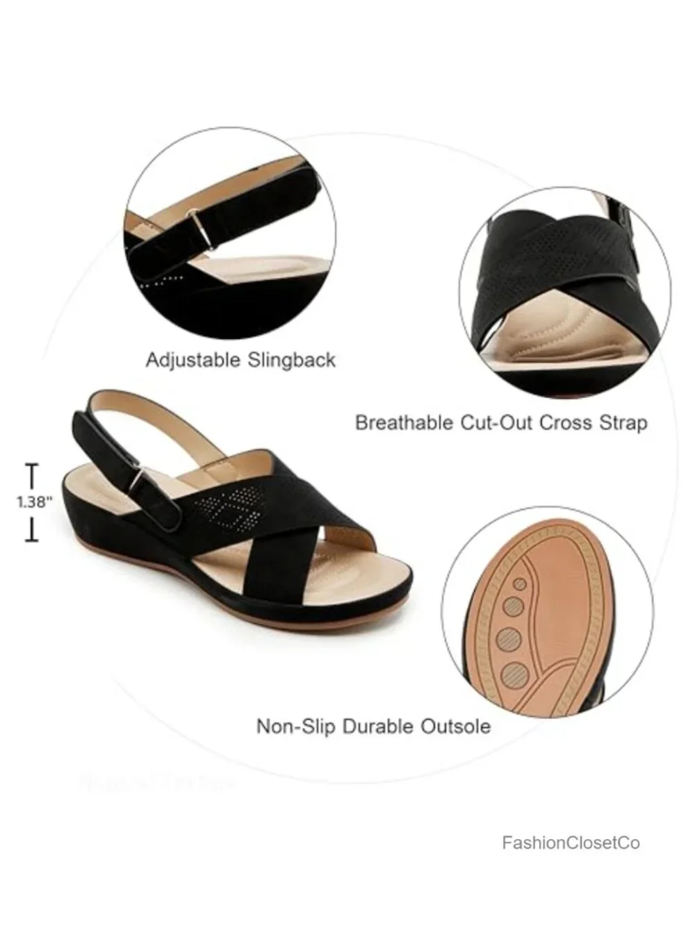 Women's Comfort Wedge Sandals, Adjustable Slingback Open Toe with Laser
